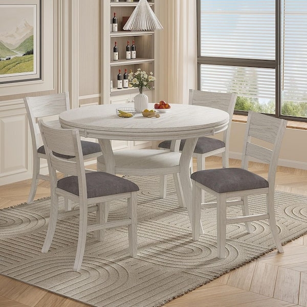 Dining Set Gray Wood Top Metal Frame Ladder Back Chairs Round Tabletop