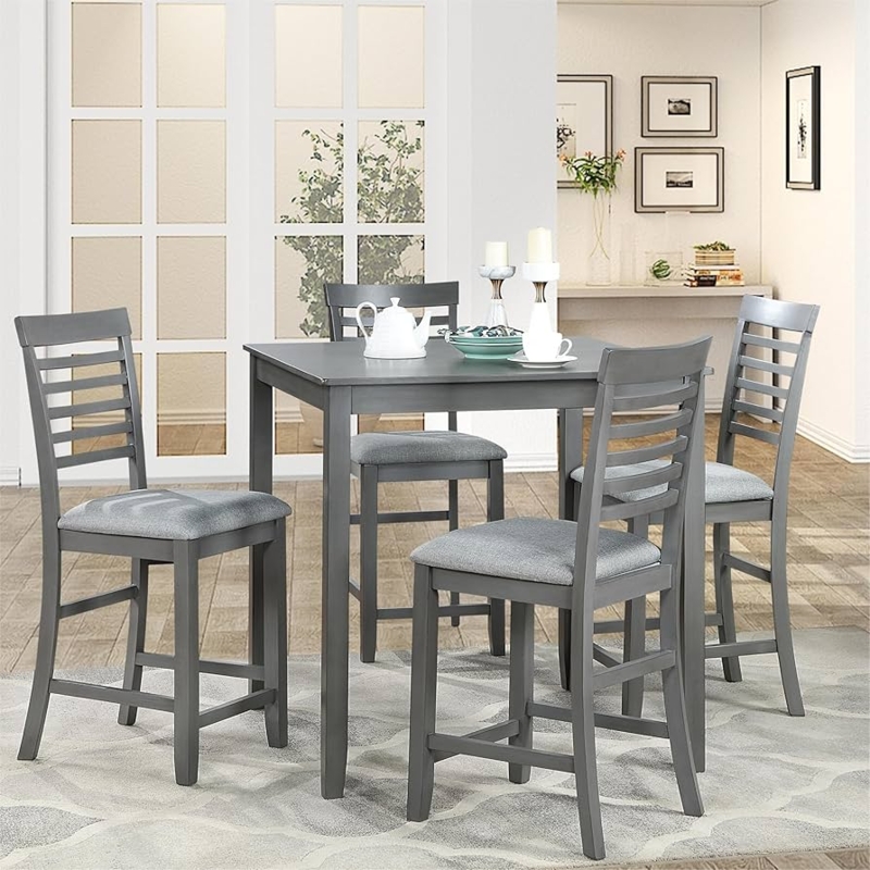 Dining Set Grey Counter Height Square Horizontal Slatted Back