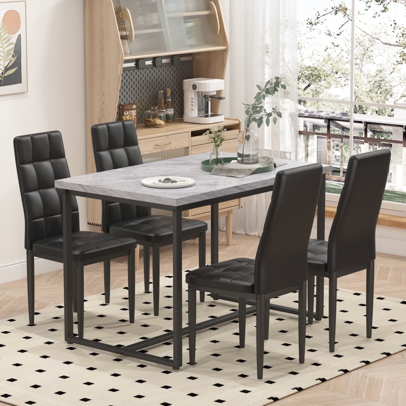 Dining Set Grey Upholstered High Back Chairs Compact Rectangular Design