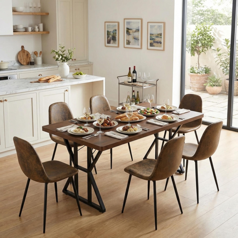 Dining Set Industrial Style Metal Frame Wood Toned Top Armless Chairs