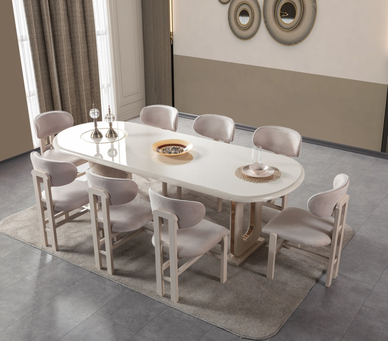 Dining Set Ivory Trestle Base Cross Back Chairs 9 Piece