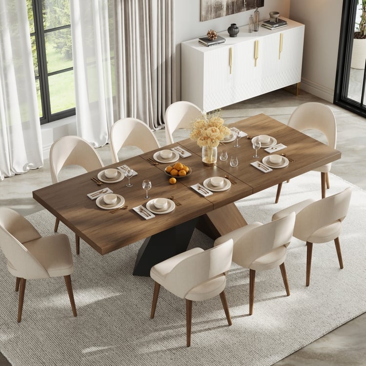 Dining Set Japandi Style Arched Rattan Chairs Extendable Wood Table