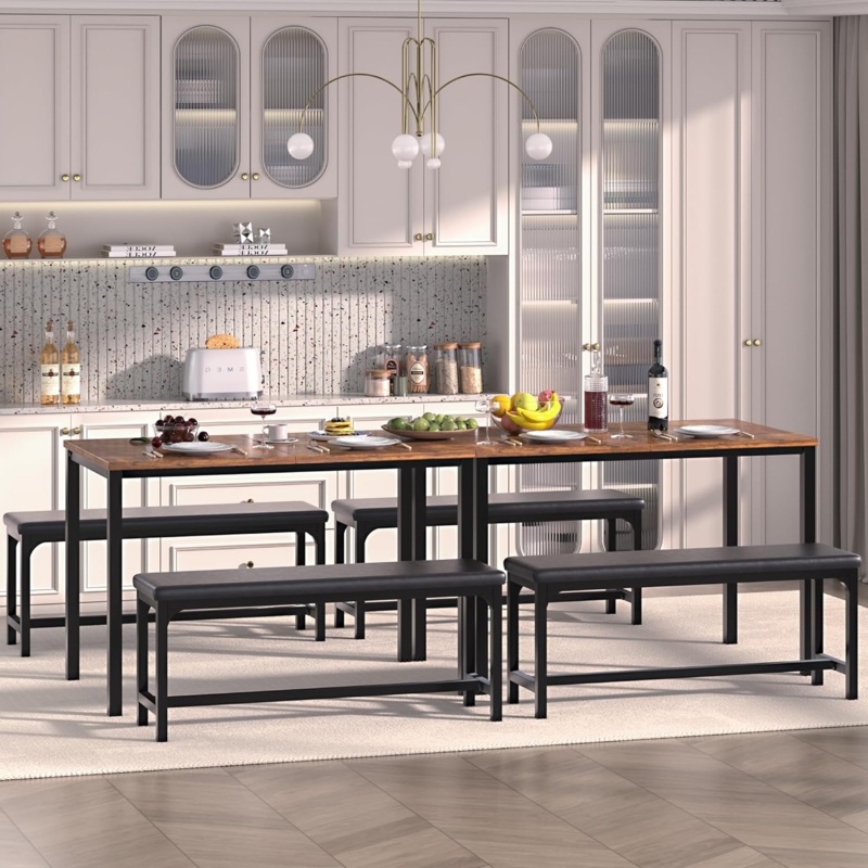 Dining Set Light Wood Extendable Table Matching Benches Industrial Metal