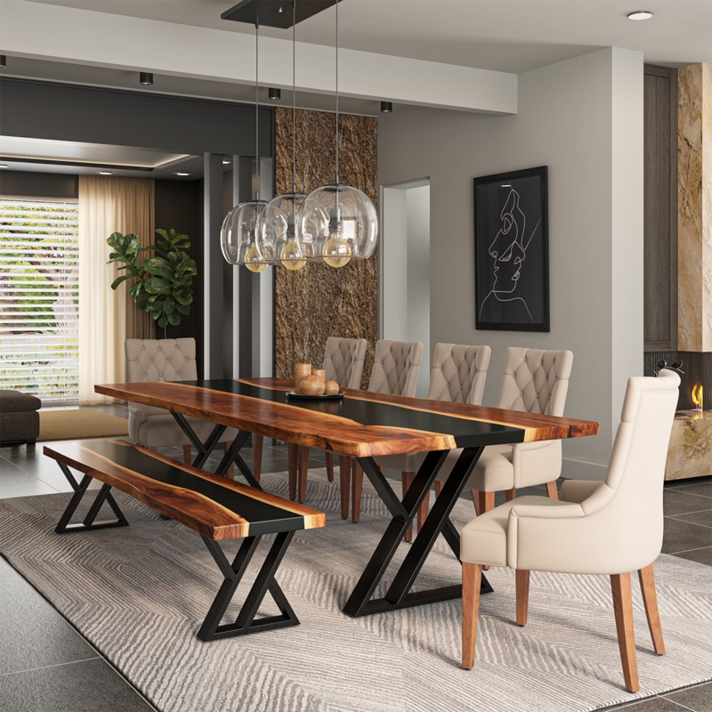 Dining Set Live Edge Wood with Blue Epoxy River and Matching Benches
