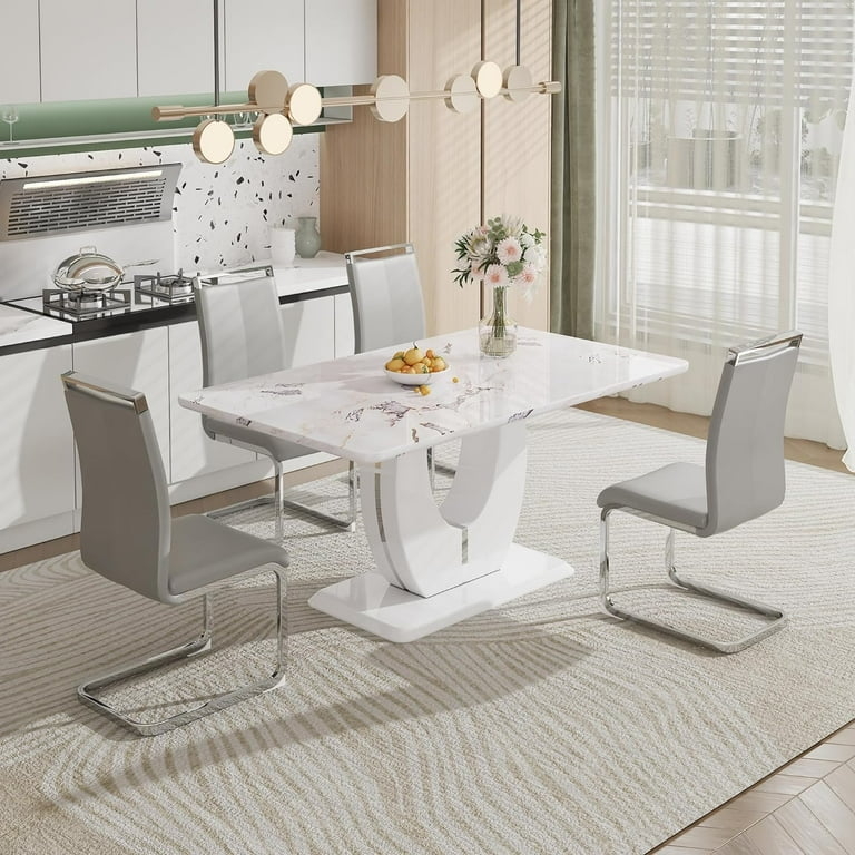 Dining Set Marble Pedestal Gray Bucket Chairs Modern Minimalist