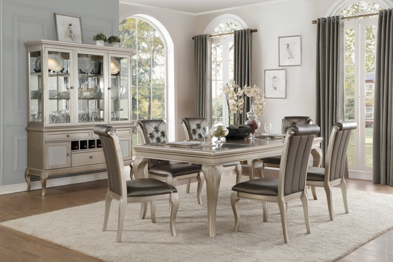 Dining Set Mirrored Inlays Silver Metallic Finish Button Tufted Glam