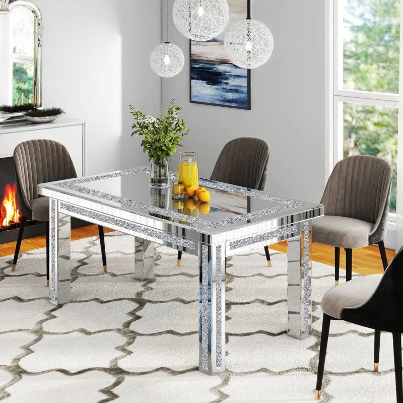 Dining Set Mirrored Table Crystal Inlay Gray Velvet Ring Pull Chairs