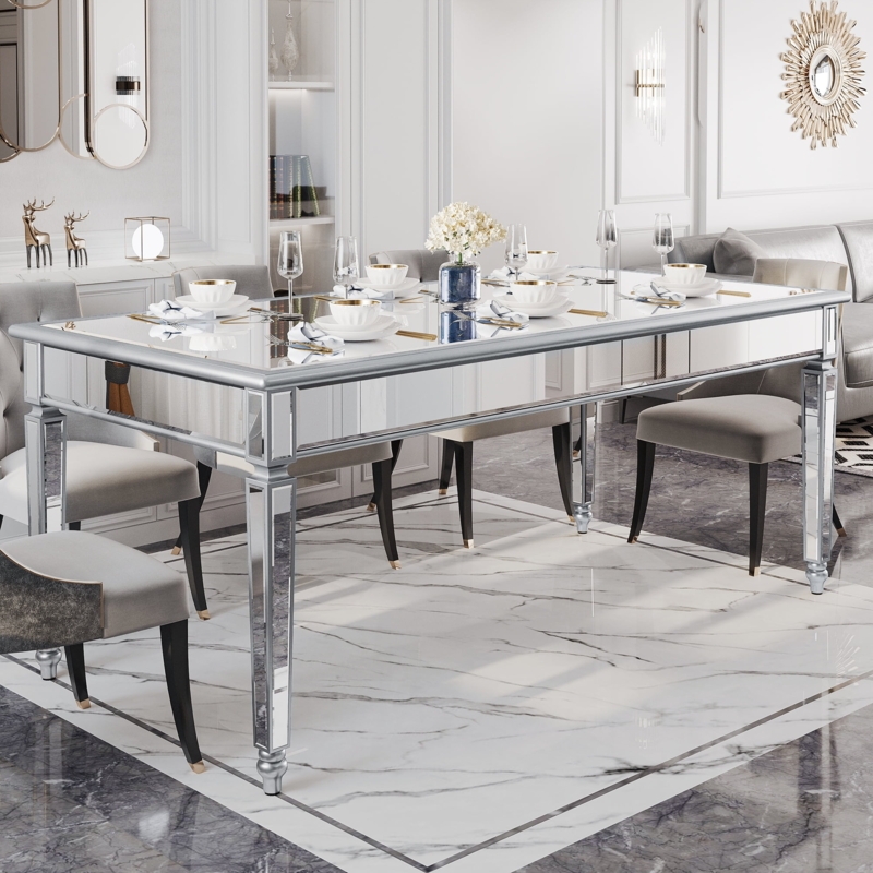 Dining Set Mirrored Table Gray Tufted Chairs Wood Legs