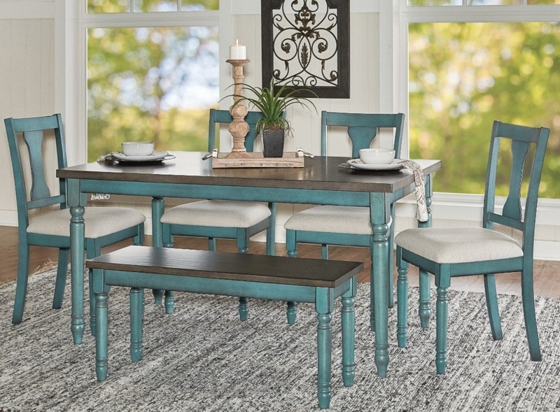 Dining Set: Mixed Seating Bench Distressed Gray Wood