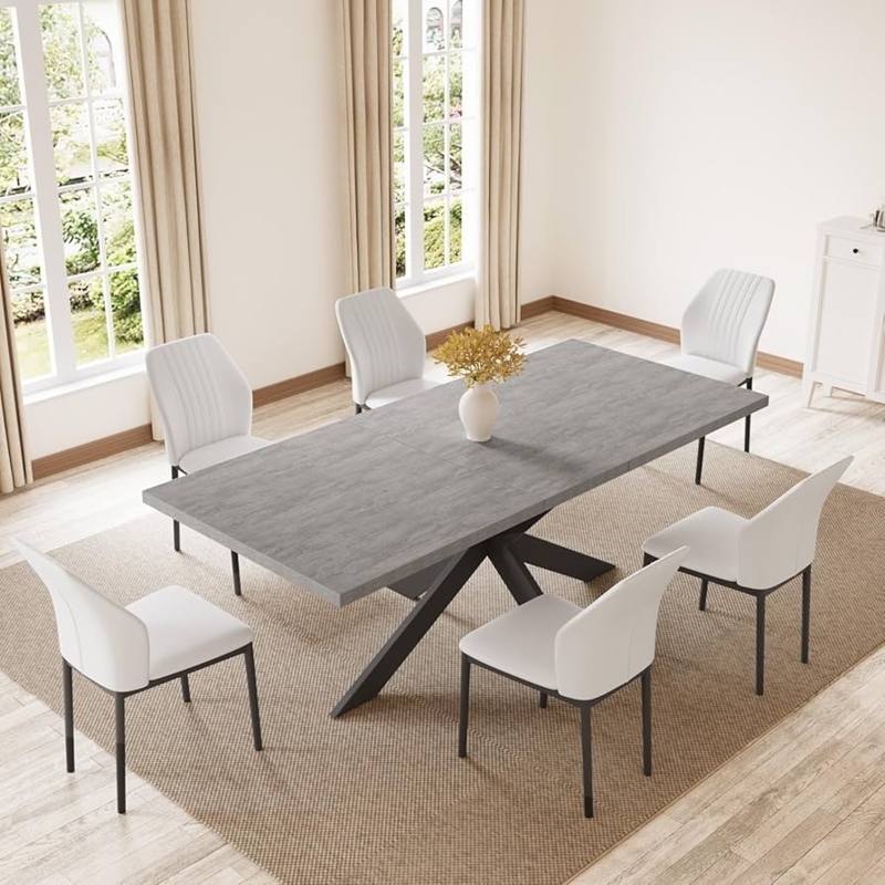 Dining Set Modern Gray Tabletop Beige Chairs Black Metal X Base