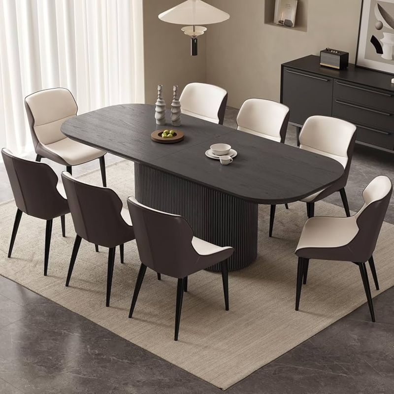 Dining Set Modern Oval Stone Top Black Woven Mesh Chairs