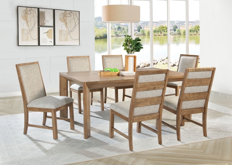 Dining Set Natural Brown Wood 7-Piece Vertical Slat Back Chairs
