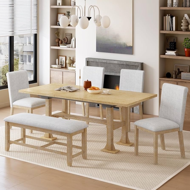 Dining Set Natural Wood Finish Trestle Table With Matching Bench
