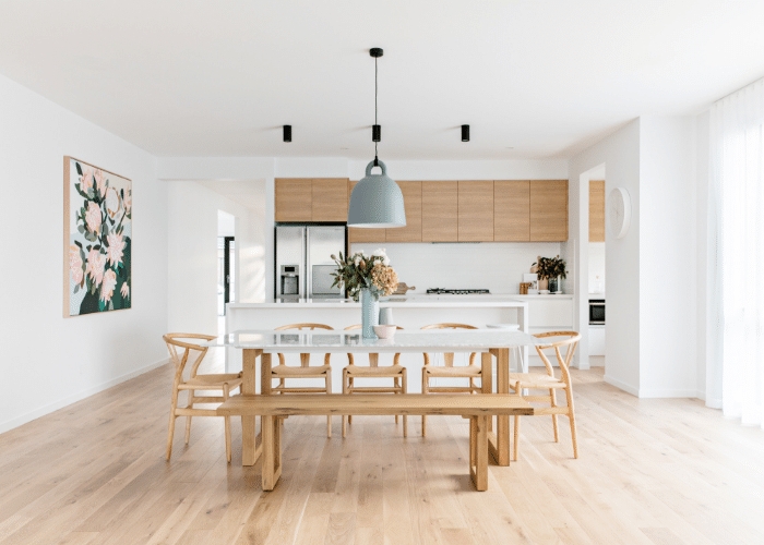 Dining Set: Natural Wood Table, Black Spindle Chairs, Large White Pendant