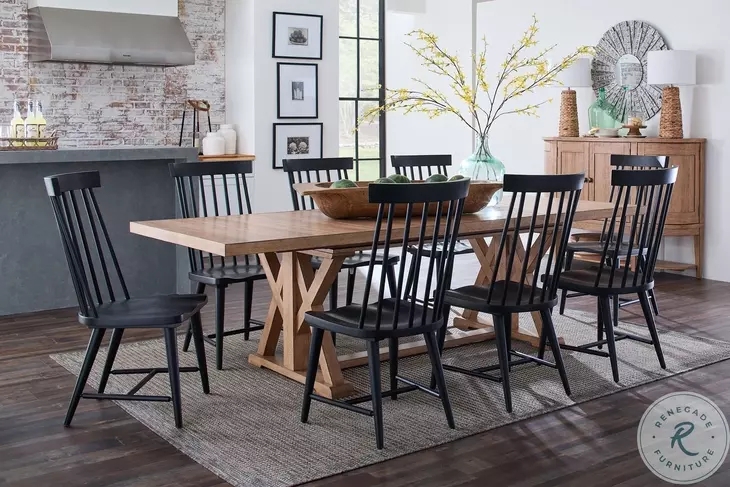 Dining Set Natural Wood Trestle Base with Mixed Seating Styles