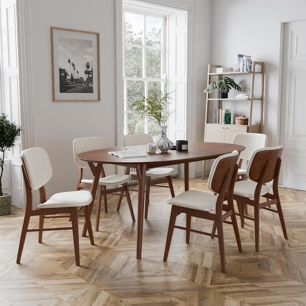 Dining Set Oval Tabletop Walnut Tapered Legs Grey Fabric