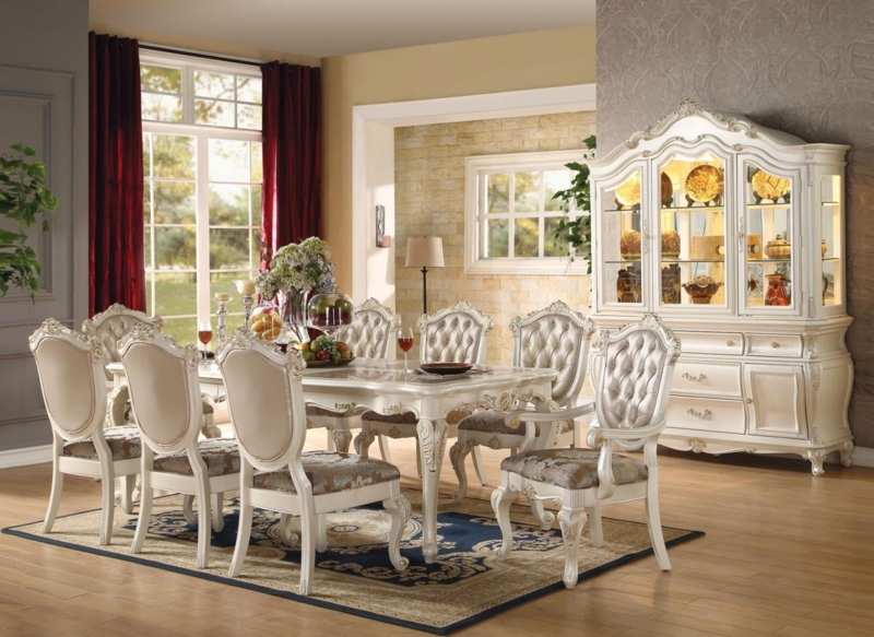Dining Set Pearl White Finish Stone Top Grand Dining Room