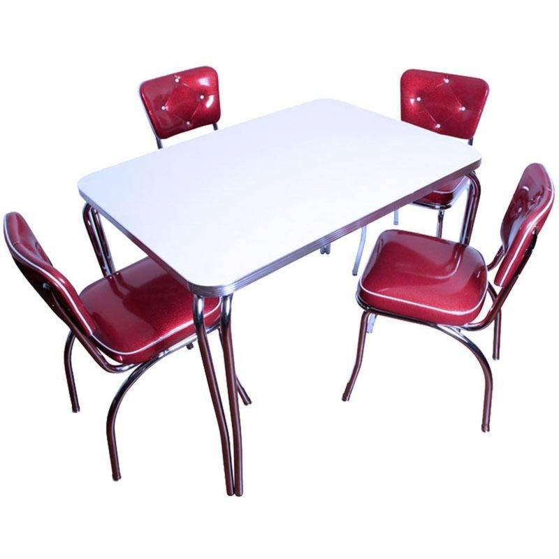 Dining Set Retro Red Vinyl Square Table Chrome Diner Legs 5 Piece