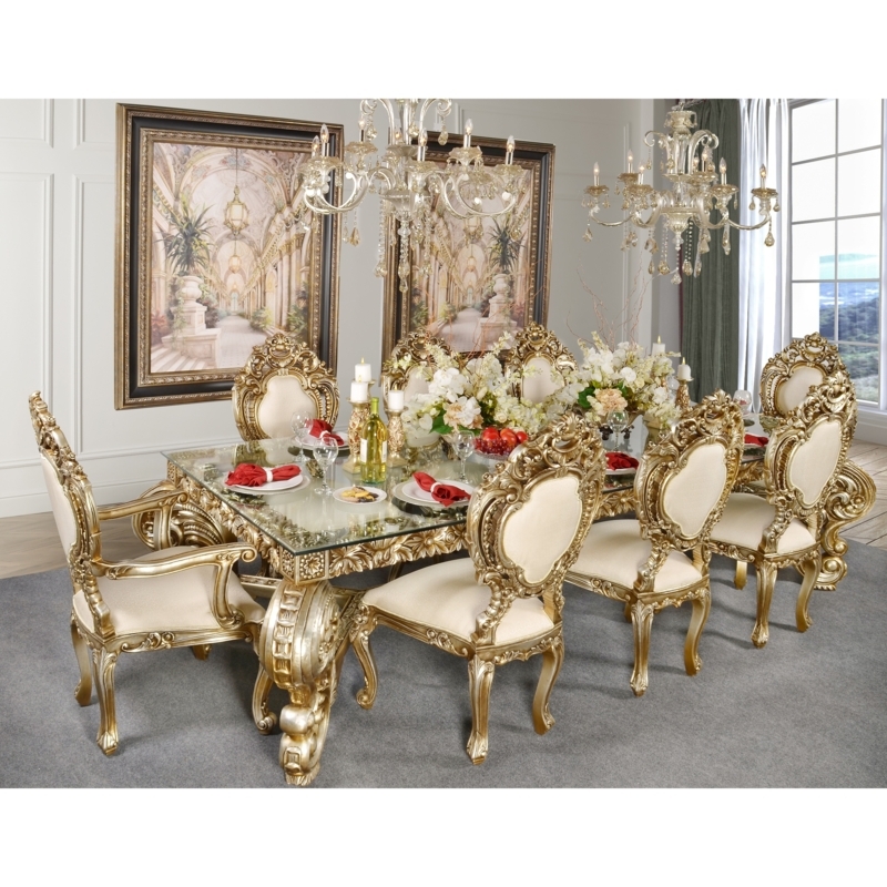 Dining Set Rococo Silhouette White and Silver Platinum Carved Details