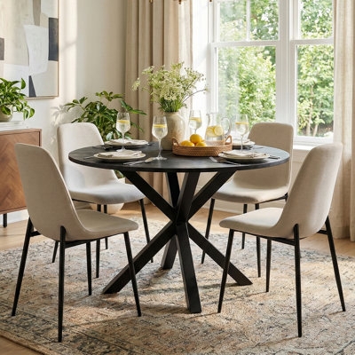 Dining Set Round Dark Wood Chenille Upholstery Contrast Transitional