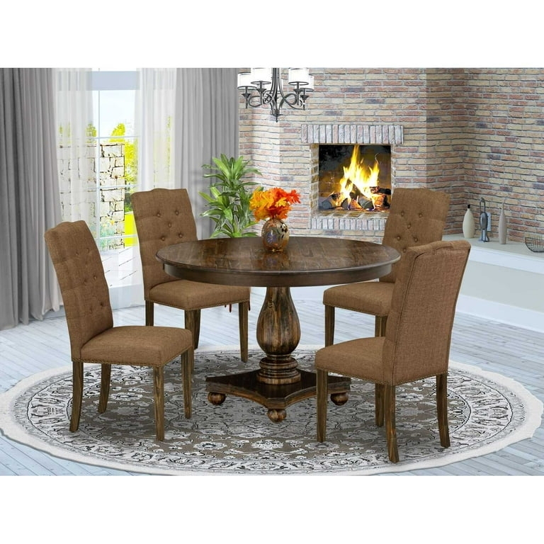 Dining Set Round Pedestal Table Jacobean Finish Button Tufted Chairs
