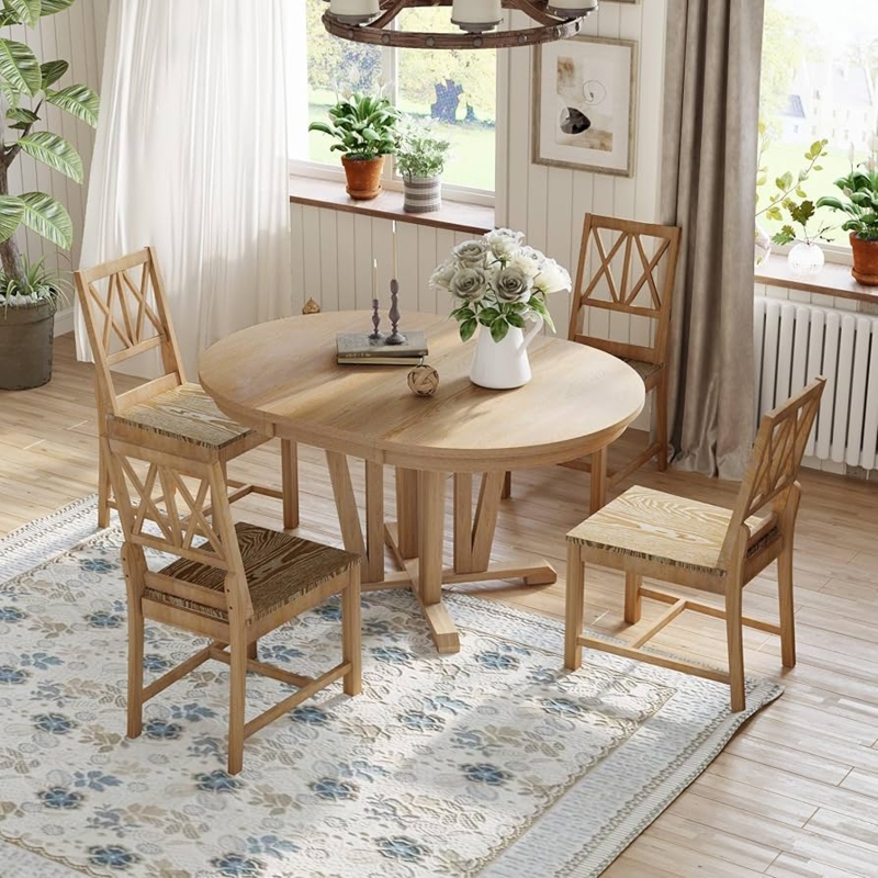Dining Set Round Tabletop Trestle Base Cross Back Chairs Natural