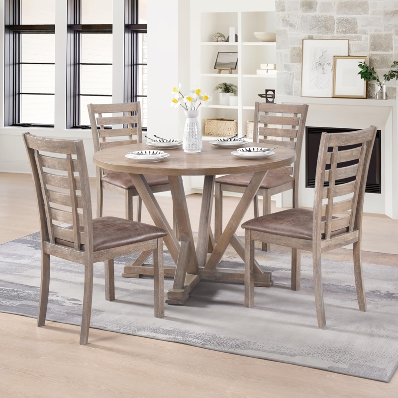 Dining Set Round Top Pedestal Base X-Back Design Distressed Finish