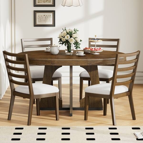 Dining Set Round Two-Tone Pedestal Table Ladder Back Chairs