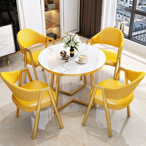 Dining Set Round White Table Yellow Upholstery Gold Pedestal Base