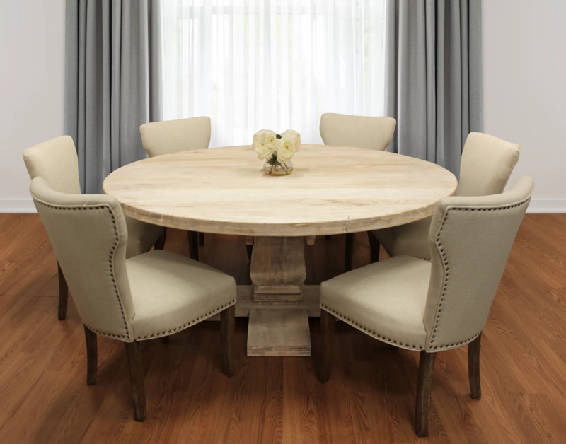 Dining Set Round Wood Pedestal Table Ivory Linen Chairs