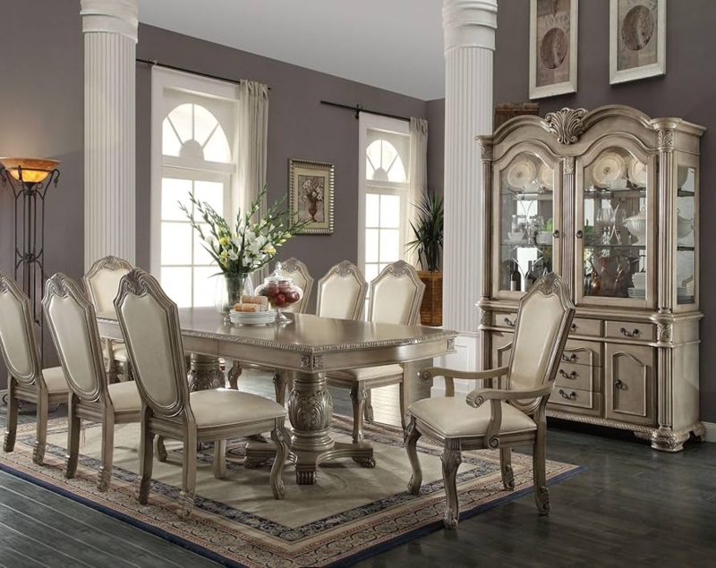 Dining Set Rounded Corners Antique White Double Pedestal Tufted