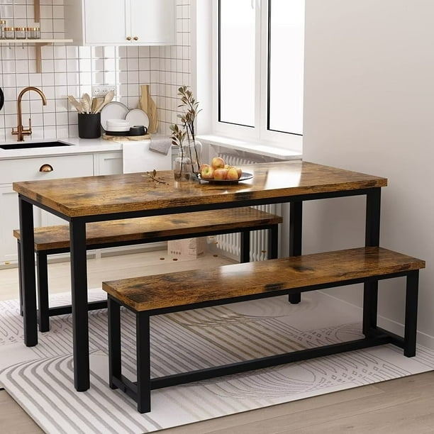 Dining Set Rustic Brown Finish Metal Industrial Frame Kitchen Table