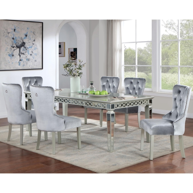 Dining Set Silver Metallic Finish Mirrored Top Dark Gray Tufted