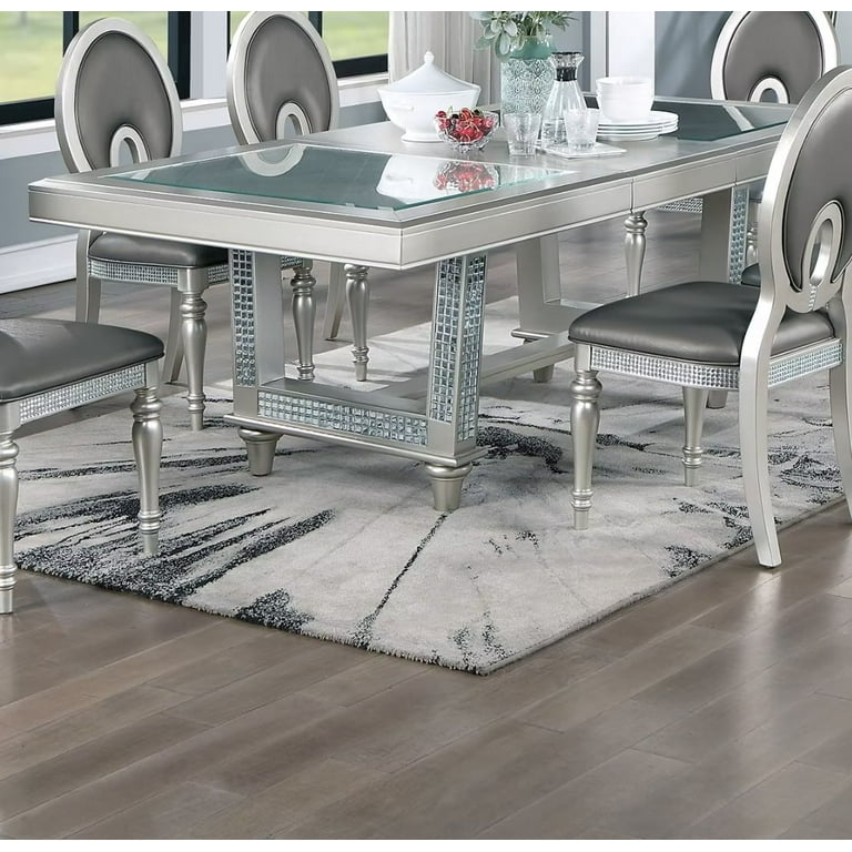 Dining Set Silver Metallic Glass Insert Cut Out High Back Formal Set