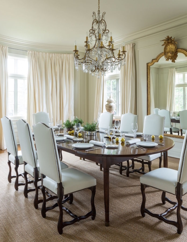 Dining Set Slipcovered Seating Round Table Top Dark Wood Cream