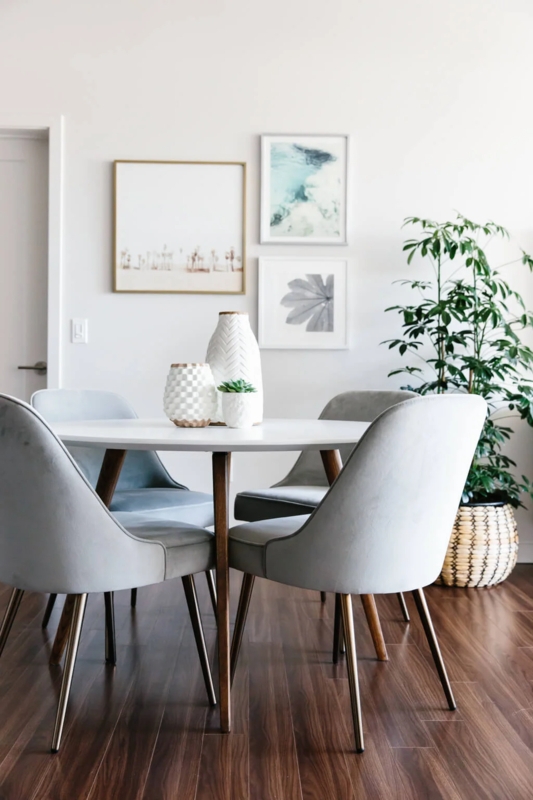 Dining Set: Small Scale Round Wood Table, Wishbone Chairs, Geometric Rug