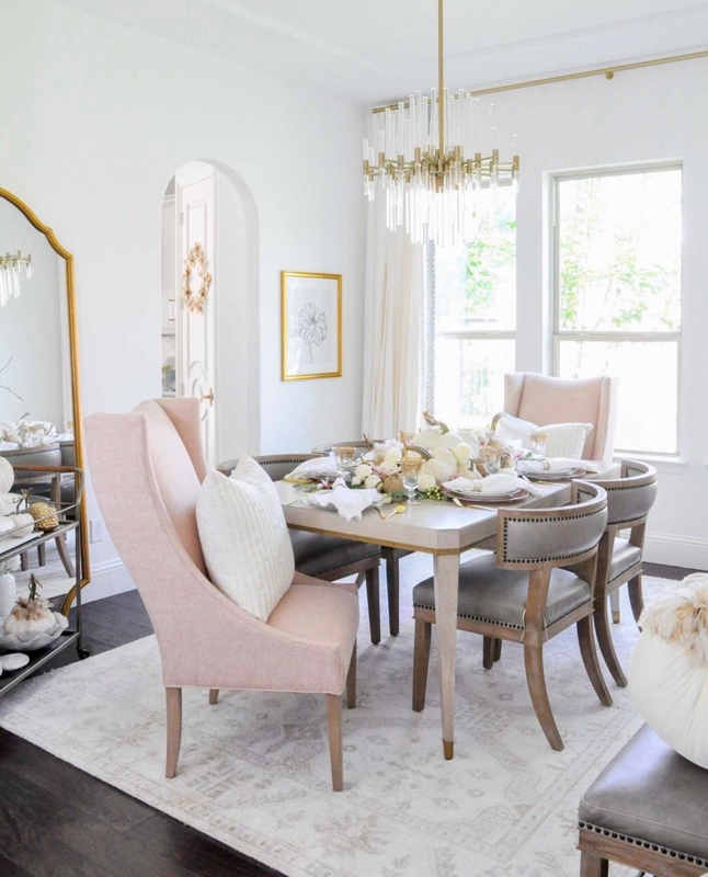 Dining Set Soft Pink Wingback Head Chairs Marble Top Table