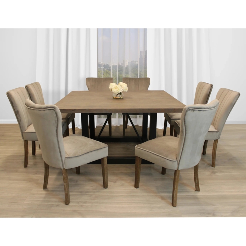 Dining Set Square Table Top Channeled Upholstery Industrial Chic