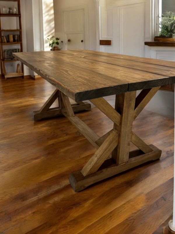 Dining Set Stained Wood Trestle Table X Back Chairs Turned Legs