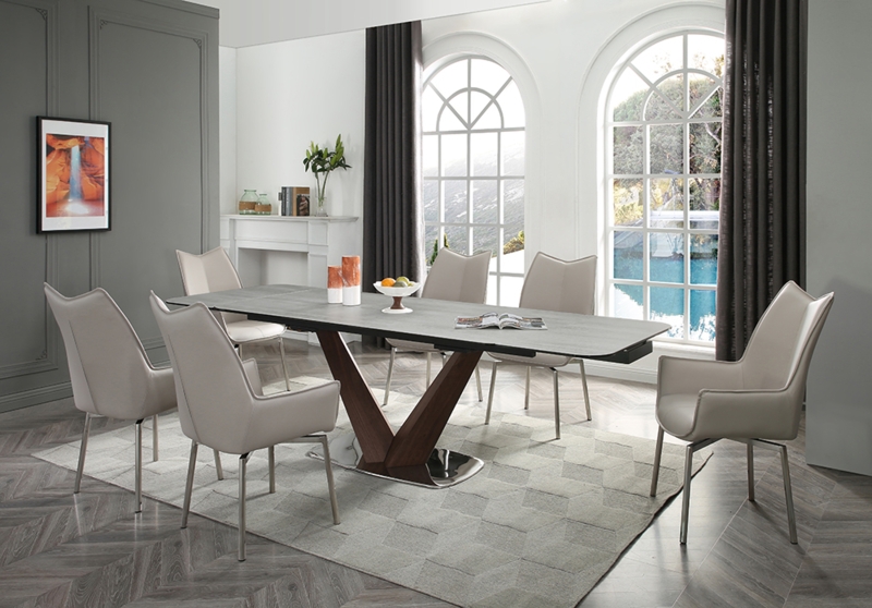 Dining Set Stone-Look Table with Six Grey Taupe Swivel Chairs