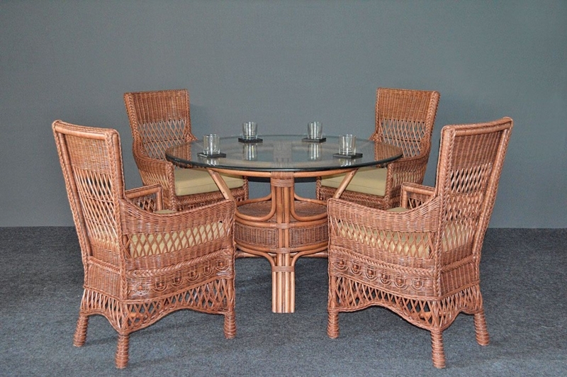 Dining Set: Traditional Cream Wicker with Beaded Woven Pattern.