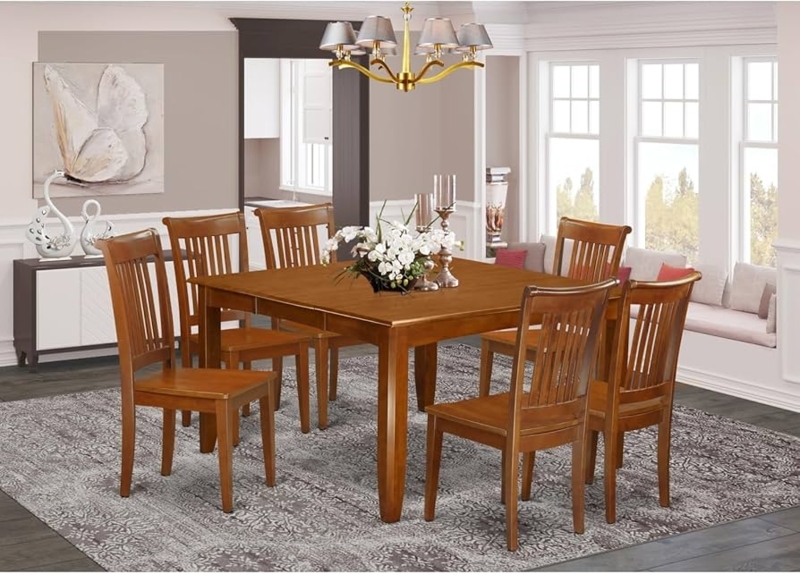 Dining Set Traditional Seven Piece Saddle Brown Ladder Back Chairs