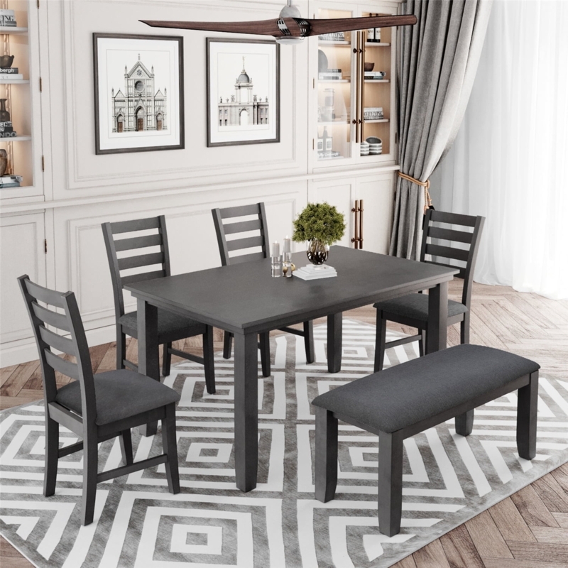 Dining Set Transitional Weathered Gray Ladder Back Chairs Bench Seating