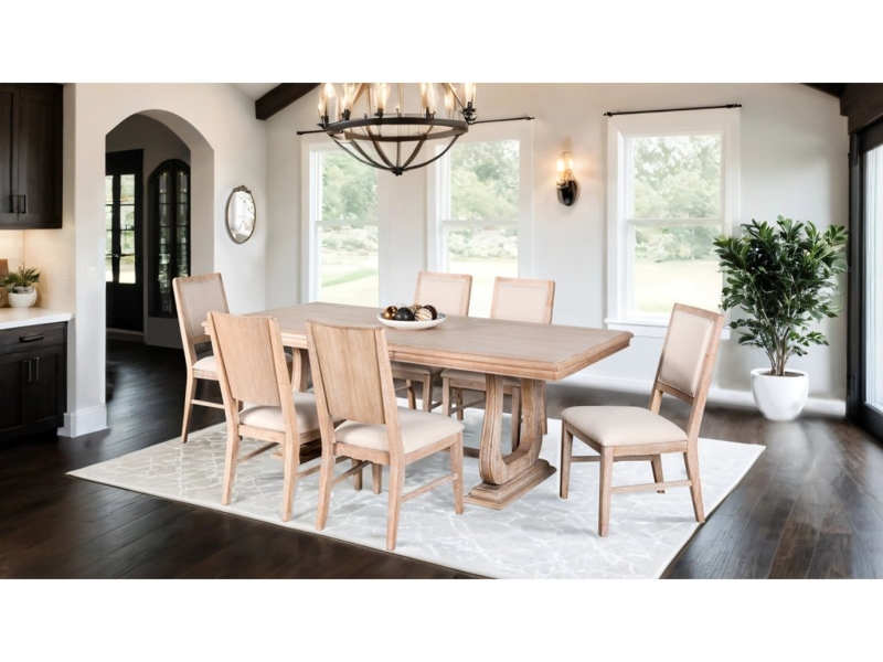Dining Set Trestle Base Distressed Natural Wood Slat Back Chairs