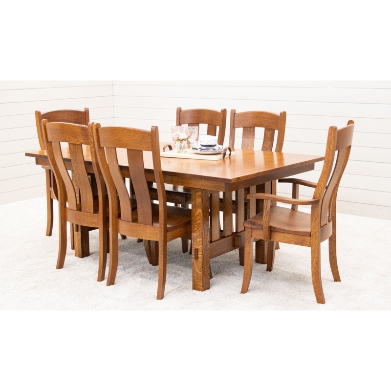Dining Set Trestle Base Mission Style Slat Back Warm Cherry