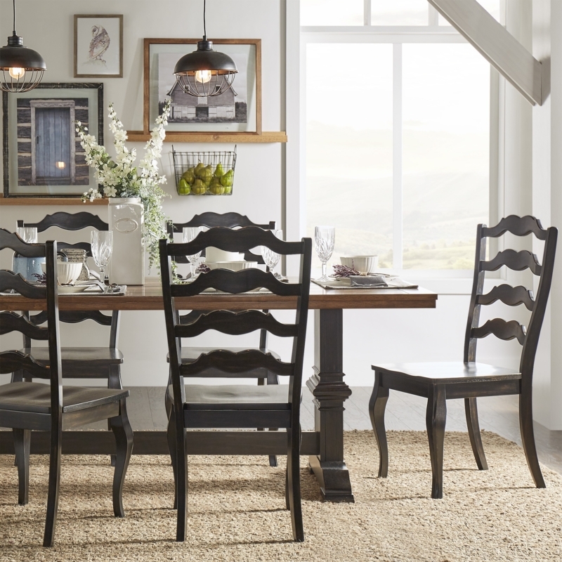 Dining Set Trestle Base Two-Tone Finish Black Ladder Back Chairs