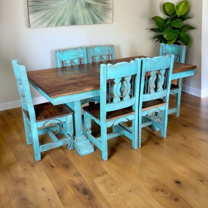 Dining Set: Trestle Table Base Southwestern Turquoise Wood