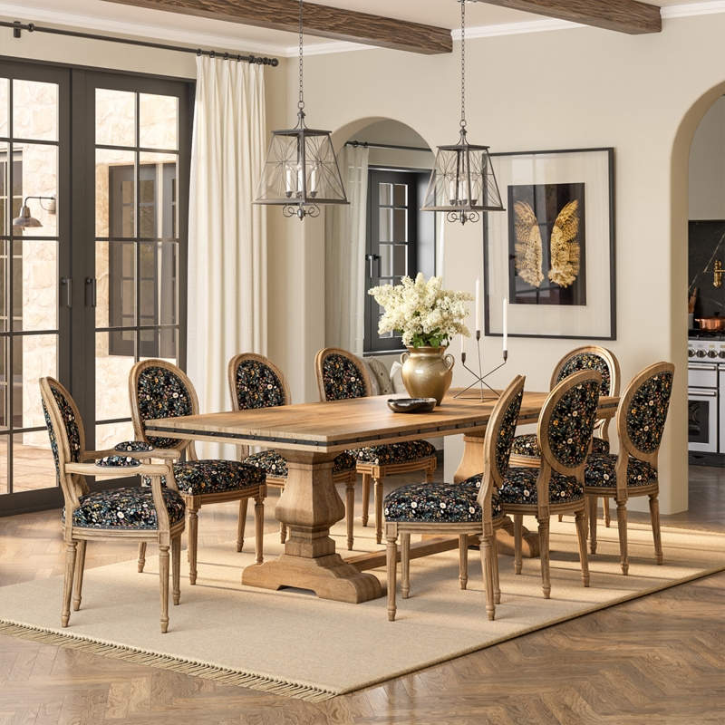 Dining Set Trestle Table X-Back Chairs Honey Brown Wood French