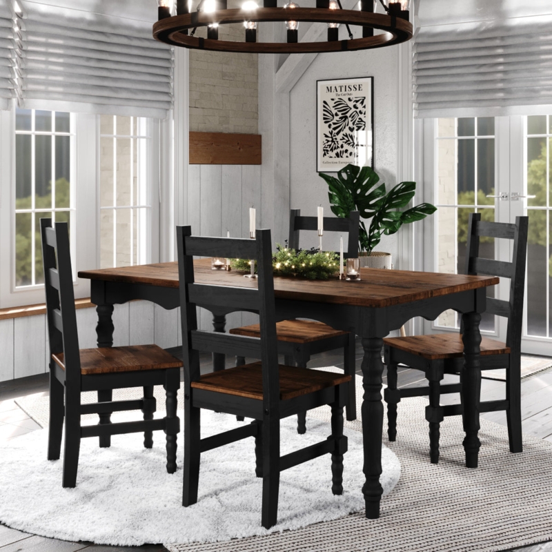 Dining Set Two-Tone Finish with Four Black Slat Back Chairs