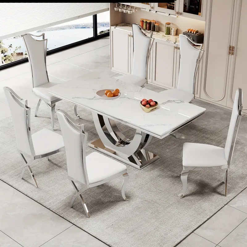 Dining Set U-Shaped Pedestal Black High Back Faux Marble Top